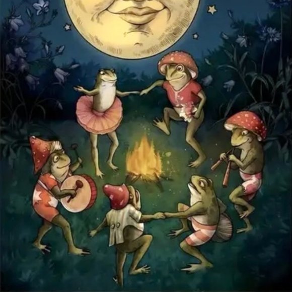 12x16 Anthropomorphic Full Moon Dancing Musician Frogs Around Fire Canvas Print - Picture 3 of 3